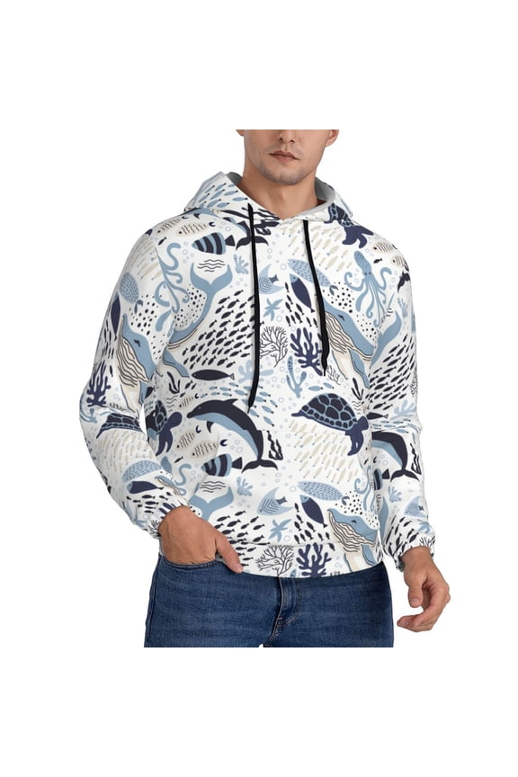 Sea Life Elements Print Mens Hoodie Long Sleeve Casual Pullover Hooded Sweatshirt Fashion Drawstring Hoodies with Pocket-Large