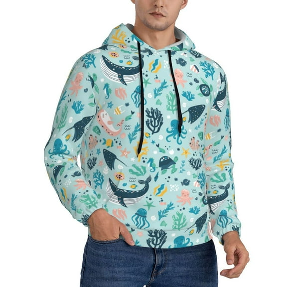 KLL Sea Life Print Mens Hoodie Long Sleeve Casual Pullover Hooded Sweatshirt Fashion Drawstring Hoodies with Pocket-XX-Large