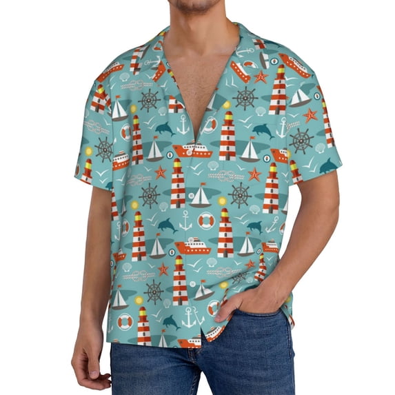 KLL Sea Lighthouse Print Men's Shirt Short Sleeve Button Down Summer Cuba Beach Shirts- X-Large