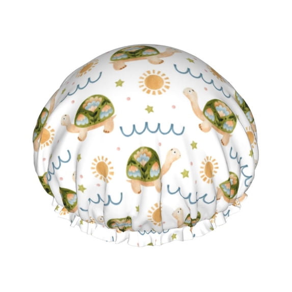 KLL Sea Turtle Basking in the Sun Pattern Shower Cap & Bath Cap for Women,Reversible Oversized Waterproof Shower Caps for all Hair Lengths,Elastic Reusable Bathing Hair Cap
