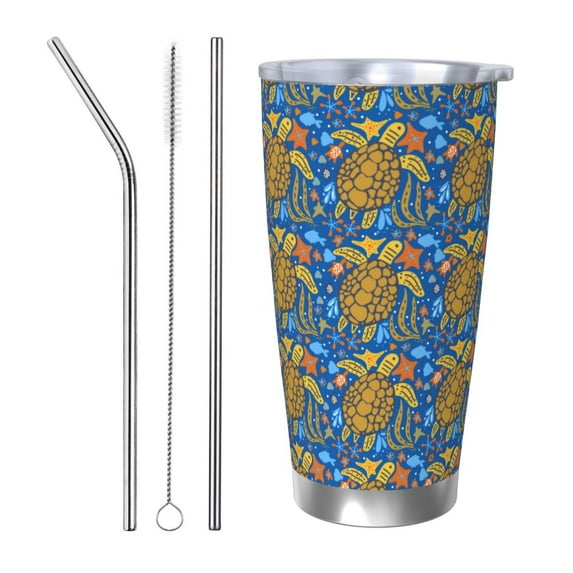KLL Sea Turtle Print 40oz Stainless Steel Insulated Car Cup with Spillproof Lid - Keep Your Drink Hot or Cold on the Go-Straw Three-piece Set