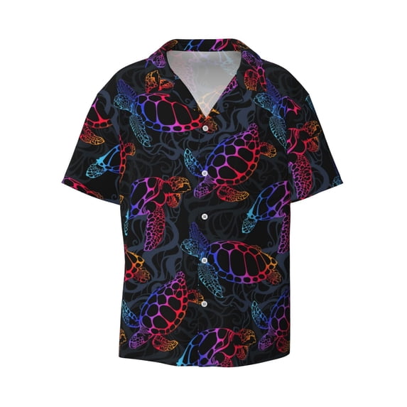 KLL Sea Turtle Print Men's Shirt Short Sleeve Button Down Summer Cuba Beach Shirts- Large
