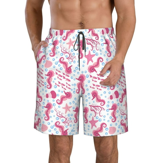 KLL Seahorse and Starfish Men's Casual Summer Beach Shorts Hawaiian Shorts with Pockets-Large