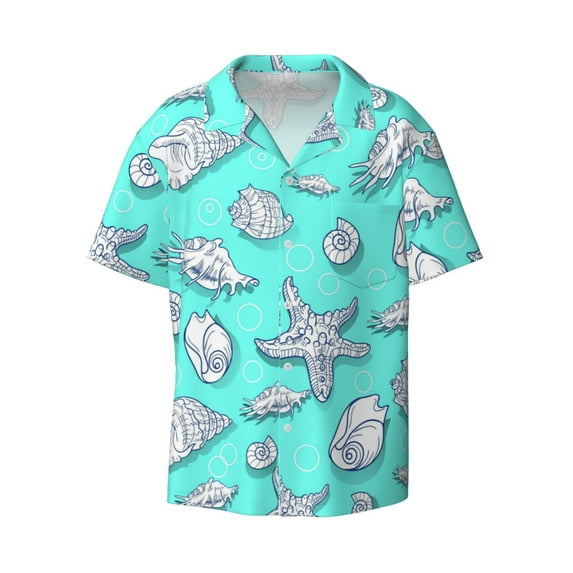 KLL Seashell And Starfish Print Men's Shirt Short Sleeve Button Down Summer Cuba Beach Shirts- XX-Large