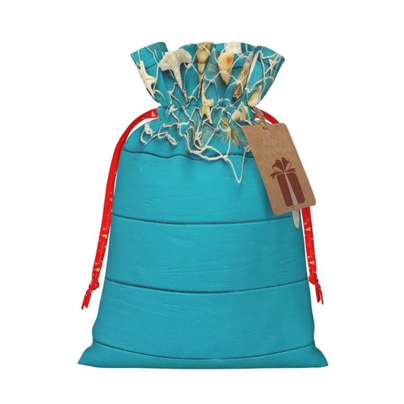 KLL Seashells And Fishing Net On Blue Wooden Table for Christmas Gift Bag,Holiday Bags for Gifts Christmas Bags & Drawstring Gift Pouch Reusable Holiday Gift Bags & Party Favor Bags (1 PCS)-Medium
