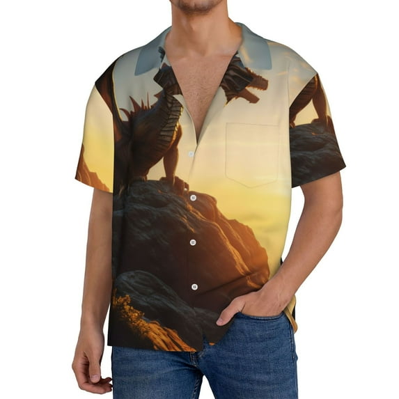 KLL Seaside Sunset Cool Dragon Print Men's Shirt Short Sleeve Button Down Summer Cuba Beach Shirts- X-Large