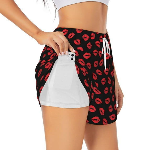 KLL Sexy Red Lips Kiss Pattern Shorts Women,Athletic Shorts High Waisted Running Shorts Pocket Sporty Short Gym Elastic Workout Shorts-Large