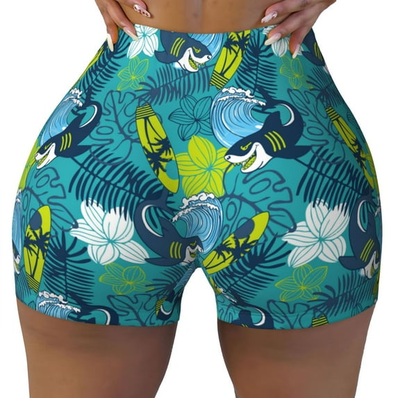 KLL Shark And Leaves Pattern Workout Shorts for Women Scrunch Short Gym Yoga Running Sport Active Exercise Fitness Shorts