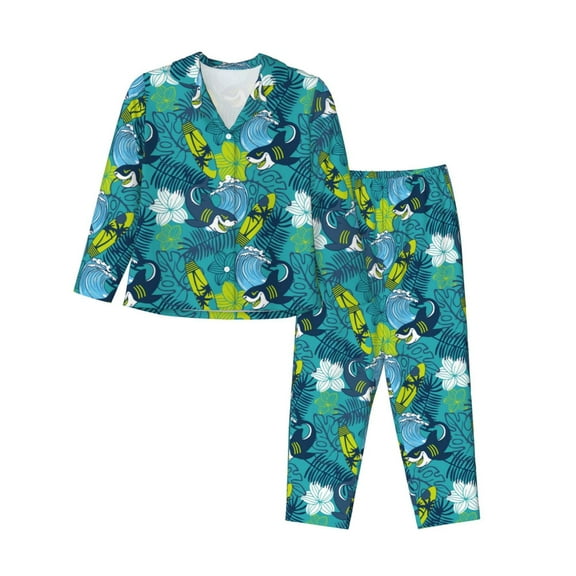 KLL Shark And Leaves Print Women's Long Sleeve Pajamas with Pants Sleepwear Loungewear 2 Set-X-Large
