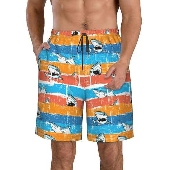 KLL Shark On Line Men's Casual Summer Beach Shorts Hawaiian Shorts with Pockets-Small