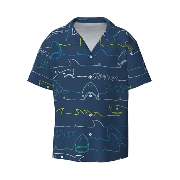 KLL Shark Print Men's Shirt Short Sleeve Button Down Summer Cuba Beach Shirts- 4X-Large