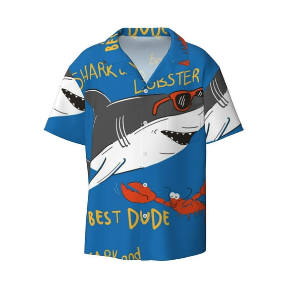 KLL Shark With Sunglasses and Lobste Print Men's Shirt Short Sleeve Button Down Summer Cuba Beach Shirts- 4X-Large