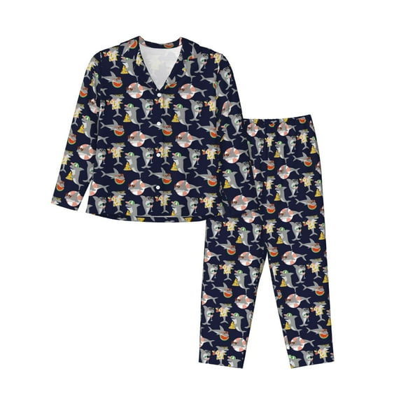 KLL Sharks In Sunglasses Print Women's Long Sleeve Pajamas with Pants Sleepwear Loungewear 2 Set-X-Large