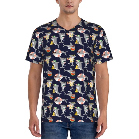 KLL Sharks In Sunglasses for Men's Baseball Shirts,Short Sleeve Casual Shirts Button Down Shirt for Men Beach Summer Wedding Shirt-Medium