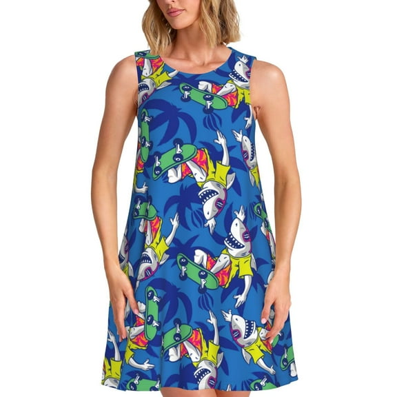 KLL Sharks Skateboarding With Palm Pattern Womens Summer Dresses 2025,Loose Round Neck Sleeveless Sundresses Tank Dresses with Pockets