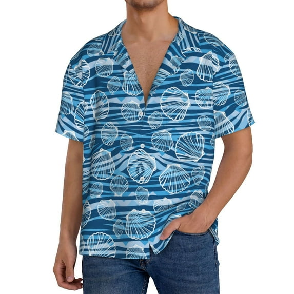 KLL Shell Print Men's Shirt Short Sleeve Button Down Summer Cuba Beach Shirts- 3X-Large