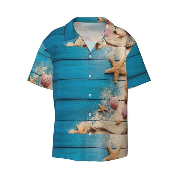 KLL Shells and Starfish Print Men's Shirt Short Sleeve Button Down Summer Cuba Beach Shirts- Small