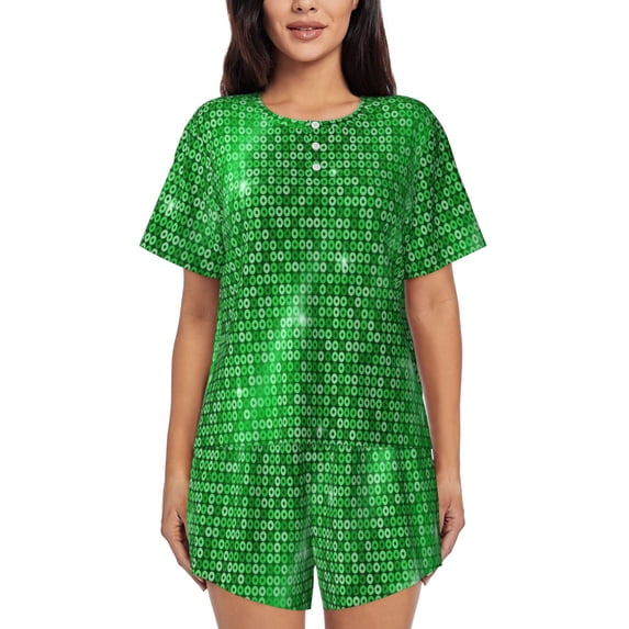 KLL Shiny round green sequins Print Pajama Set for Women Short Sleeve Sleepwear Pjs Soft 2 Piece Lounge Sleepwear Sets-Medium