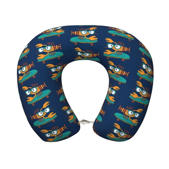 KLL Skateboard Rides Cartoon Lobster Pattern Memory Foam Cervical Neck Pillow Versatile U-Shaped Pillows for Home/Office/Camping/Travelling/Soft Washable Cover