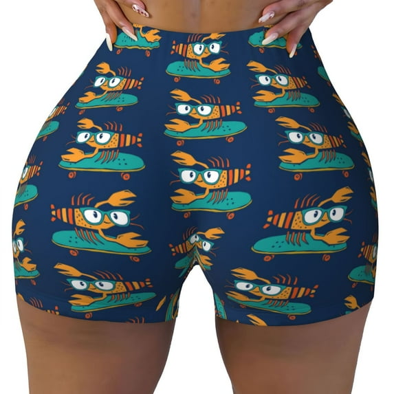 KLL Skateboard Rides Cartoon Lobster Pattern Workout Shorts for Women Scrunch Short Gym Yoga Running Sport Active Exercise Fitness Shorts