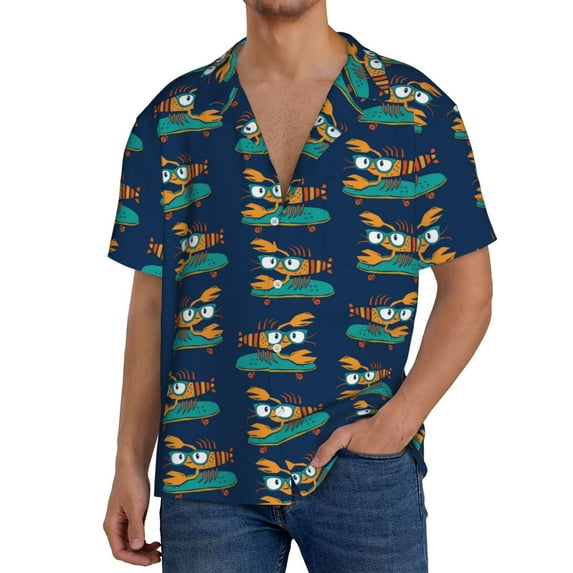 KLL Skateboard Rides Cartoon Lobster Print Men's Shirt Short Sleeve Button Down Summer Cuba Beach Shirts- X-Large