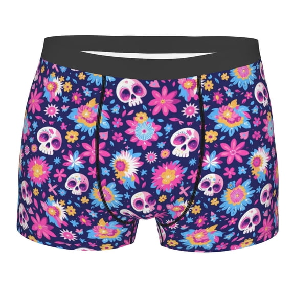 KLL Skull Blue Flower Men's Cotton Boxer Briefs Underwear-Medium