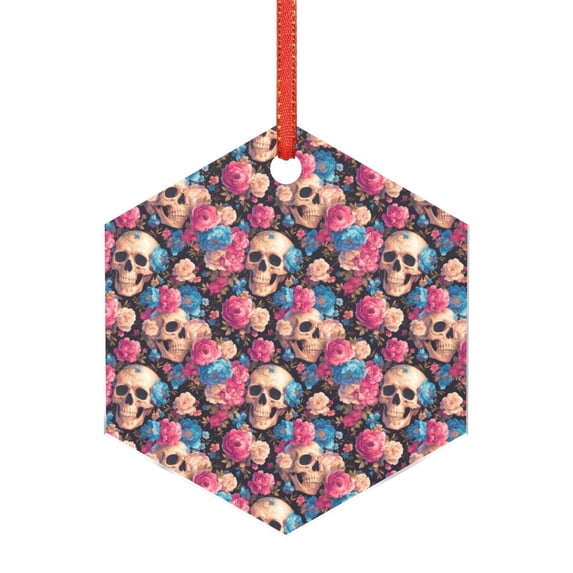 KLL Skull Blue Flower Pattern Acrylic Christmas Ornaments,1 PCS Xmas Tree Decor with Ribbon 3" Christmas Décor Christmas Pendant for Hanging on Tree & Party Favors-Hexagon