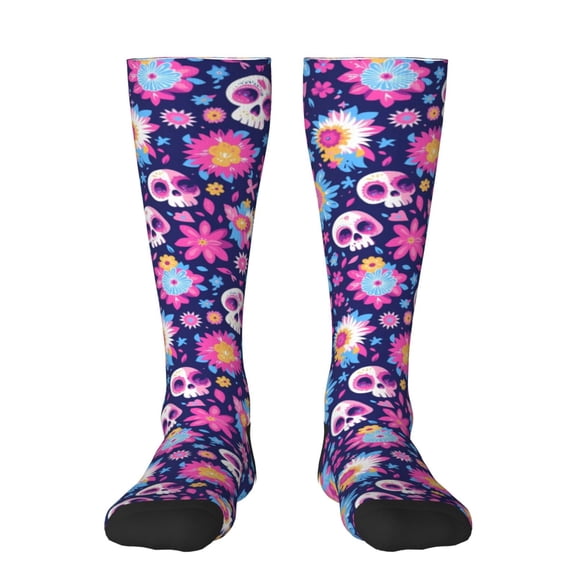 KLL Skull Blue Flower Print Cool Socks Men's Women's Crew Socks Funny Crazy Novelty Stockings
