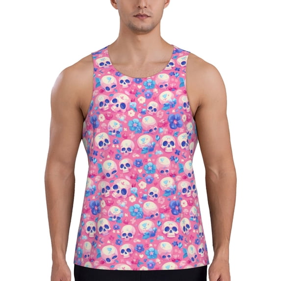 KLL Skull Blue Flower Print Men's Muscle Gym Workout Stringer Tank Tops Bodybuilding Fitness T-Shirts Tank Tops Men-X-Large