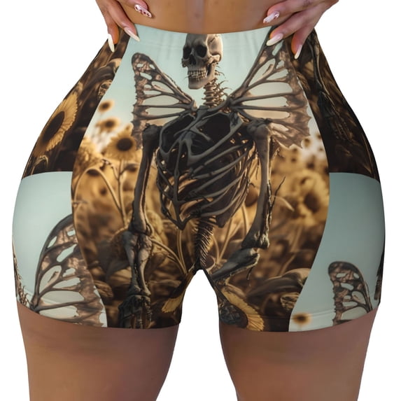 KLL Skull Butterfly Sunflower Pattern Workout Shorts for Women Scrunch Short Gym Yoga Running Sport Active Exercise Fitness Shorts