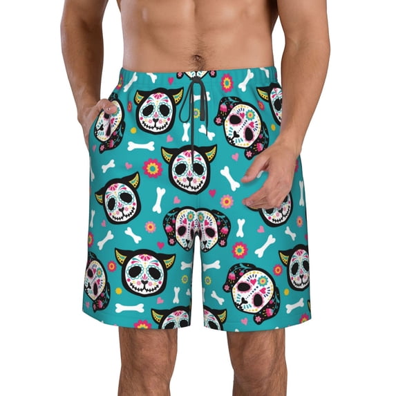 KLL Skull Cat Men's Casual Summer Beach Shorts Hawaiian Shorts with Pockets-XX-Large