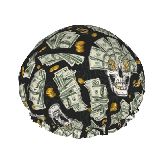 KLL Skull with Dollar Pattern Shower Cap & Bath Cap for Women,Reversible Oversized Waterproof Shower Caps for all Hair Lengths,Elastic Reusable Bathing Hair Cap