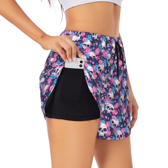KLL Skull Flower Blue Pattern Shorts Women,Athletic Shorts High Waisted Running Shorts Pocket Sporty Short Gym Elastic Workout Shorts-X-Large