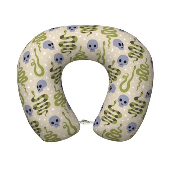 KLL Skull Snake Pattern Memory Foam Cervical Neck Pillow Versatile U-Shaped Pillows for Home/Office/Camping/Travelling/Soft Washable Cover