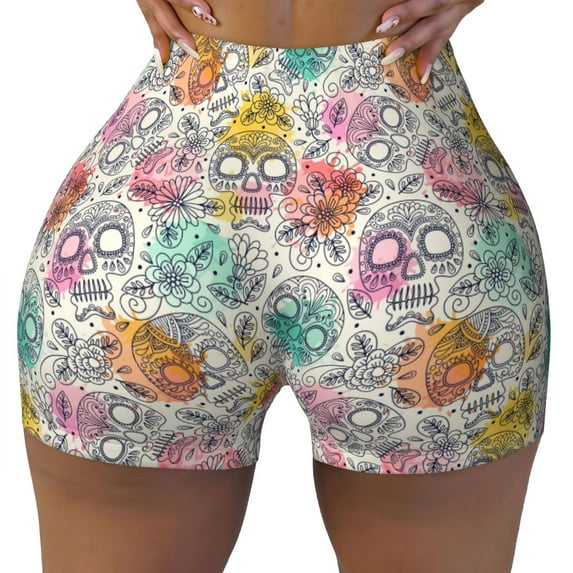 KLL Skull and Flowers Pattern Workout Shorts for Women Scrunch Short Gym Yoga Running Sport Active Exercise Fitness Shorts