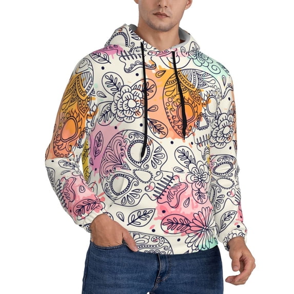 KLL Skull and Flowers Print Mens Hoodie Long Sleeve Casual Pullover Hooded Sweatshirt Fashion Drawstring Hoodies with Pocket-X-Large
