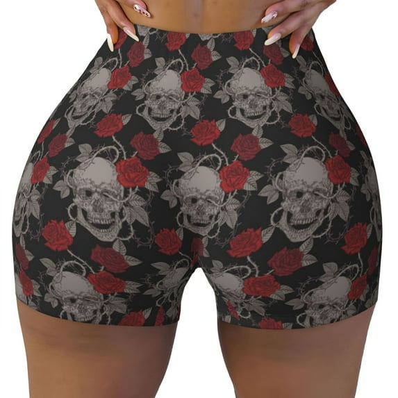 KLL Skull and Red Roses Pattern Workout Shorts for Women Scrunch Short Gym Yoga Running Sport Active Exercise Fitness Shorts