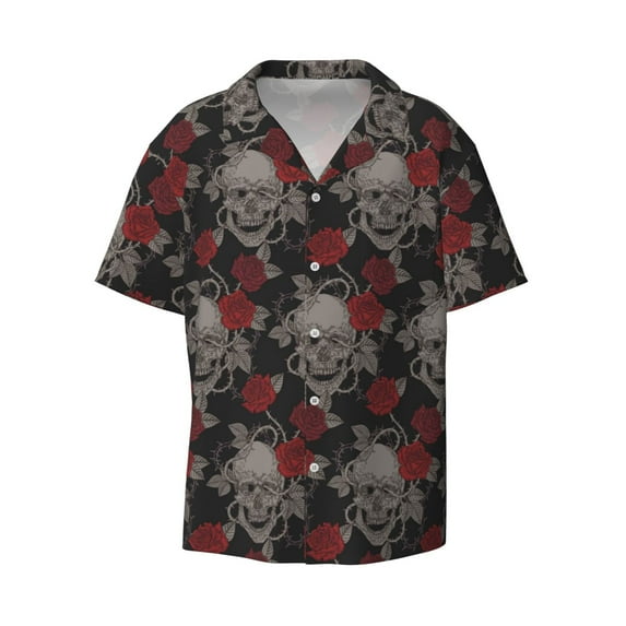 KLL Skull and Red Roses Print Men's Shirt Short Sleeve Button Down Summer Cuba Beach Shirts- X-Large