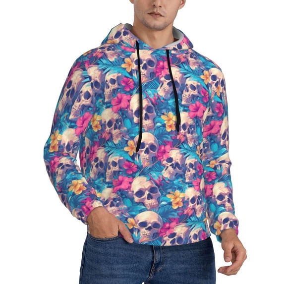 KLL Skull blue leaf Print Mens Hoodie Long Sleeve Casual Pullover Hooded Sweatshirt Fashion Drawstring Hoodies with Pocket-Medium