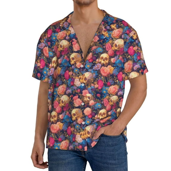 KLL Skull colorful daisy Print Men's Shirt Short Sleeve Button Down Summer Cuba Beach Shirts- XX-Large