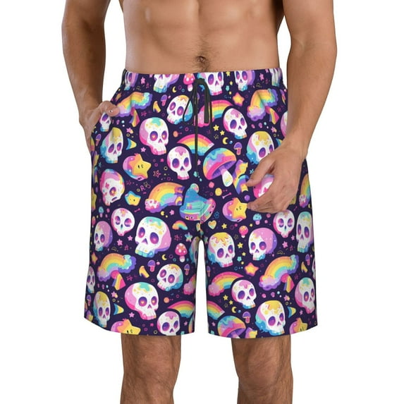 KLL Skull colorful mushroom rainbow Men's Casual Summer Beach Shorts Hawaiian Shorts with Pockets-X-Large