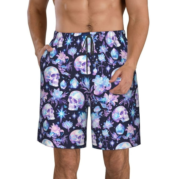 KLL Skull crystal flower Men's Casual Summer Beach Shorts Hawaiian Shorts with Pockets-Medium