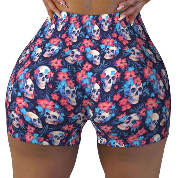 KLL Skull flower blue Pattern Workout Shorts for Women Scrunch Short Gym Yoga Running Sport Active Exercise Fitness Shorts