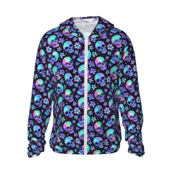 KLL Skull flower tie dye Print Men's Women’s UPF 50+ Sun Protection Outdoor Hoodie Jacket Long Sleeve Fishing Hiking Performance Shirt-Large