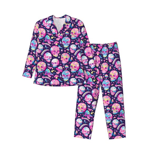 KLL Skull mushroom colorful cute Sleepwear Mens Flannel Pajamas,Long Cotton Pj Set