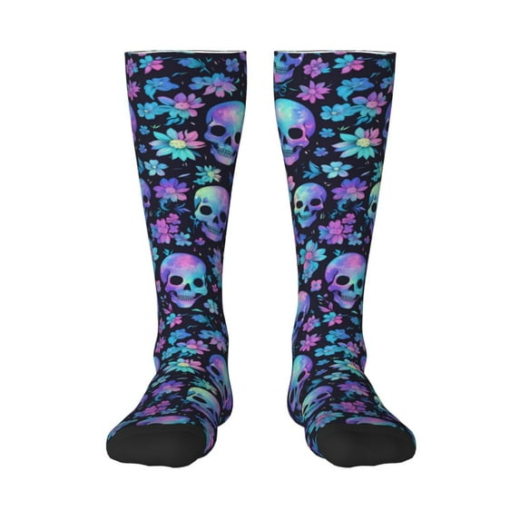 KLL Skull purple flower Print Cool Socks Men's Women's Crew Socks Funny Crazy Novelty Stockings