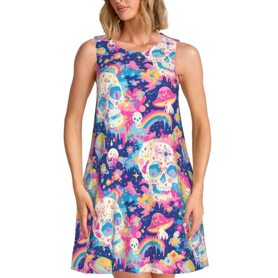 KLL Skull rainbow color space Pattern Womens Summer Dresses 2025,Loose Round Neck Sleeveless Sundresses Tank Dresses with Pockets