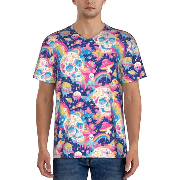 KLL Skull rainbow color space for Men's Baseball Shirts,Short Sleeve Casual Shirts Button Down Shirt for Men Beach Summer Wedding Shirt-X-Large
