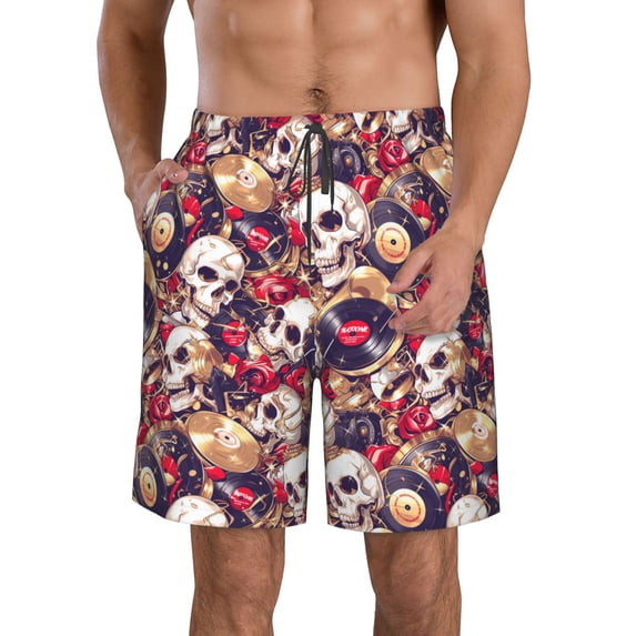 KLL Skull record artist Men's Casual Summer Beach Shorts Hawaiian Shorts with Pockets-Medium