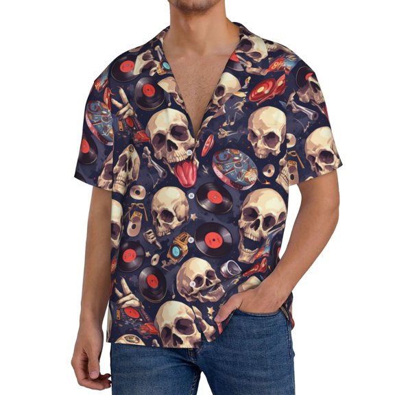 KLL Skull record rock Print Men's Shirt Short Sleeve Button Down Summer Cuba Beach Shirts- XX-Large
